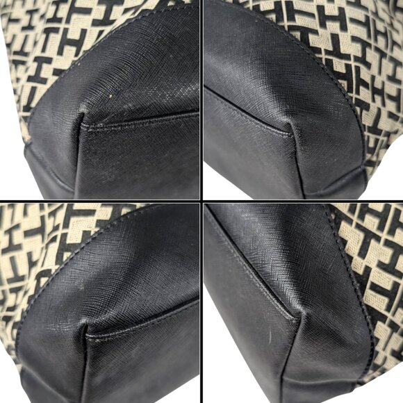 Tommy Hilfiger Black Gray Canvas Jacquard Faux Leather Large Zip Tote - Picture 5 of 8